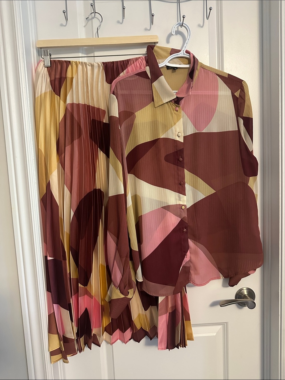 Dynamite Pleated Abstract Print Two-Piece Set - Pink, Burgundy & Mustard